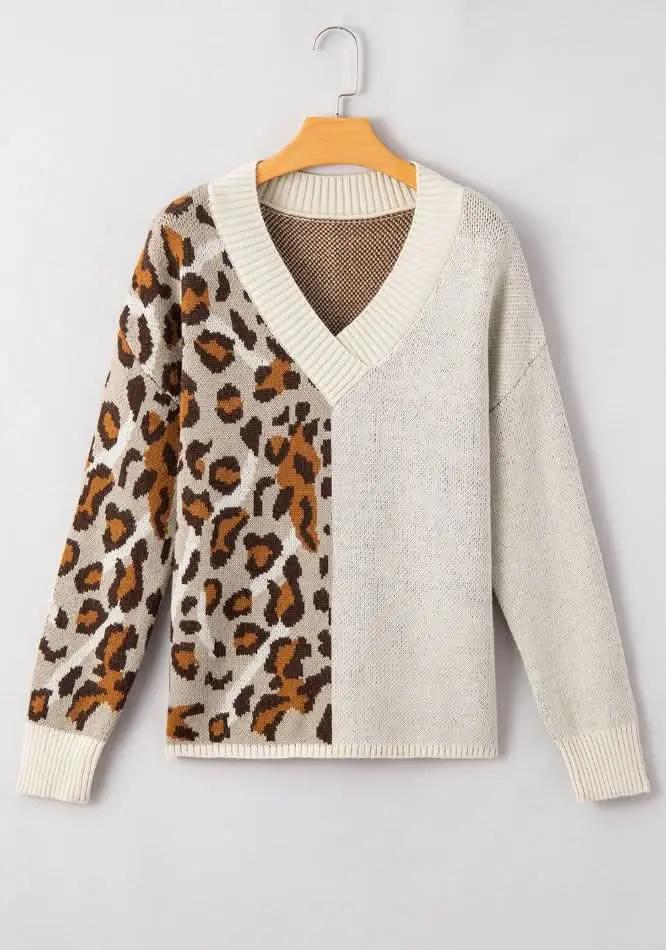 Leopard V Neck Drop Shoulder Sweater - Love Salve